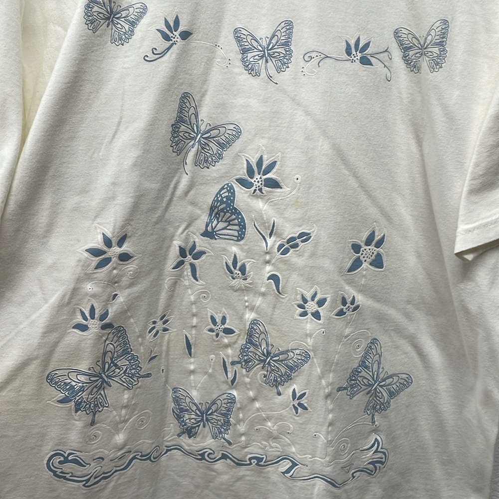 Port & Company White And Blue Butterfly Floral Graphc Short Sleeve Shirt - Picture 2 of 5